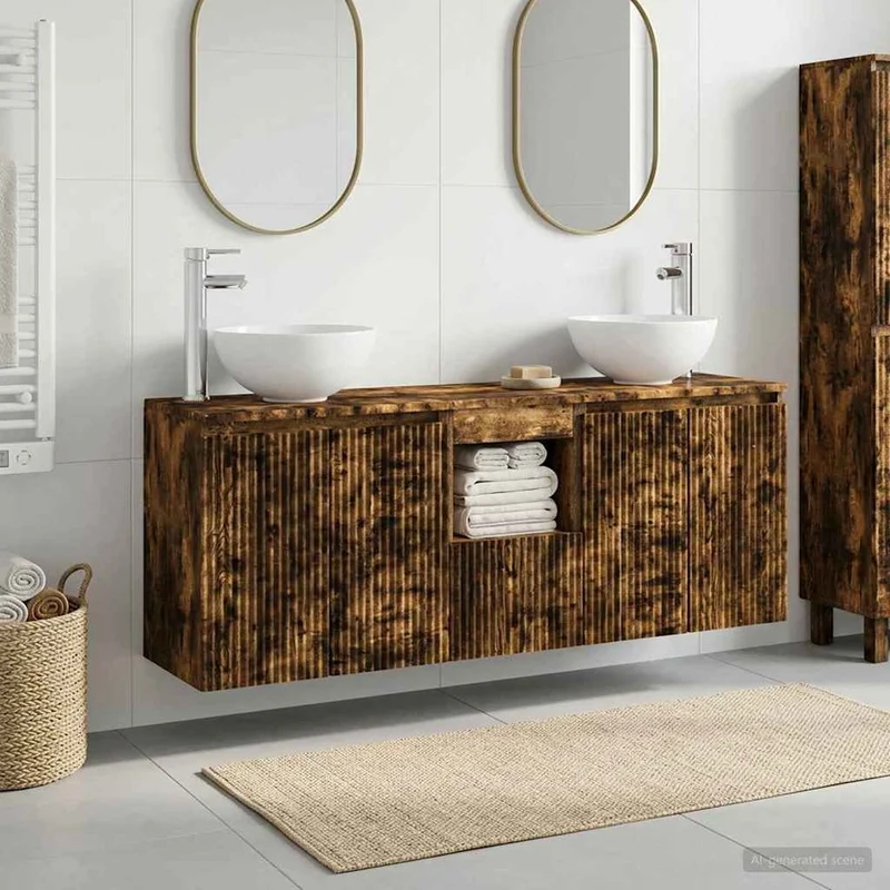 Badrumsskåpsset 3 st Rökt ek 129 x 35 x 80 cm Konstruerat trä