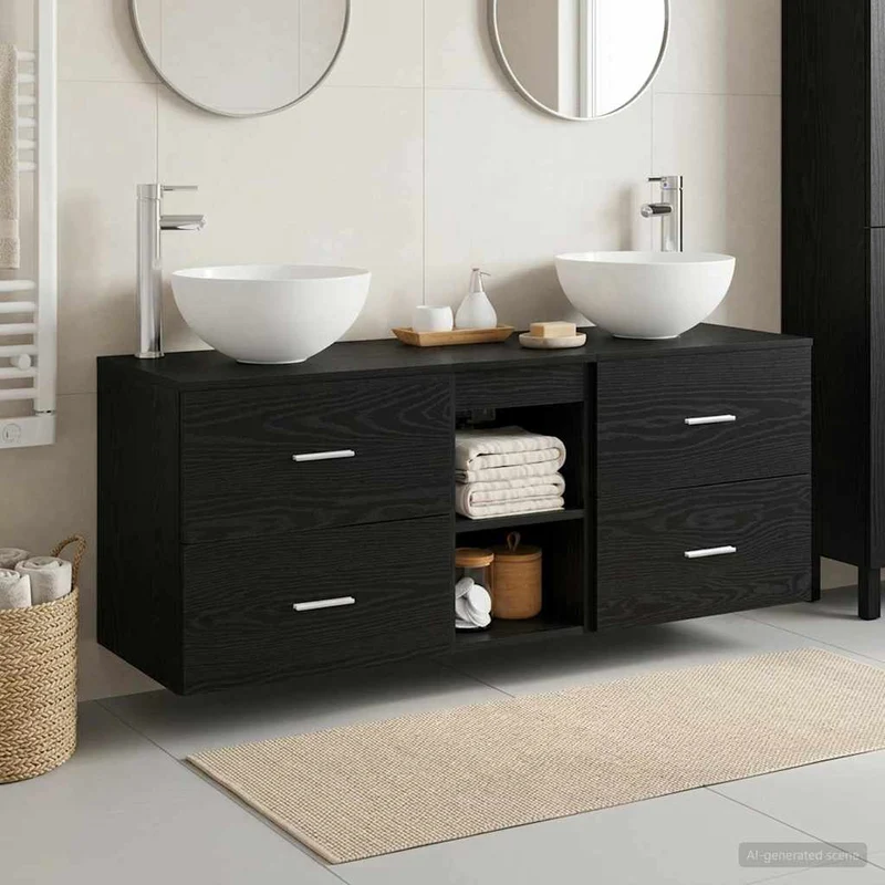 Badrumsskåpsset 3 st Svart ek 129 x 35 x 80 cm Konstruerat trä