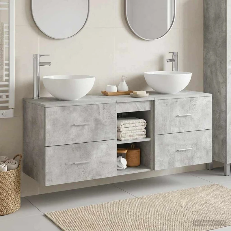 Badrumsskåpsset 3 st Betonggrå 129 x 35 x 80 cm Konstruerat trä