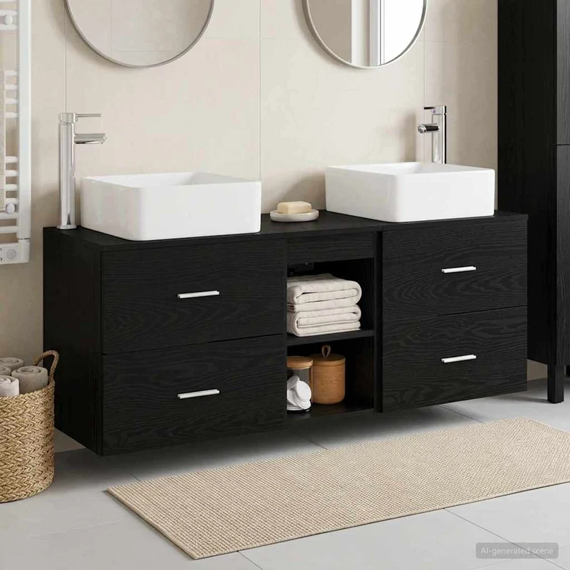 Badrumsskåpsset 3 st Svart ek 129 x 41 x 80 cm Konstruerat trä