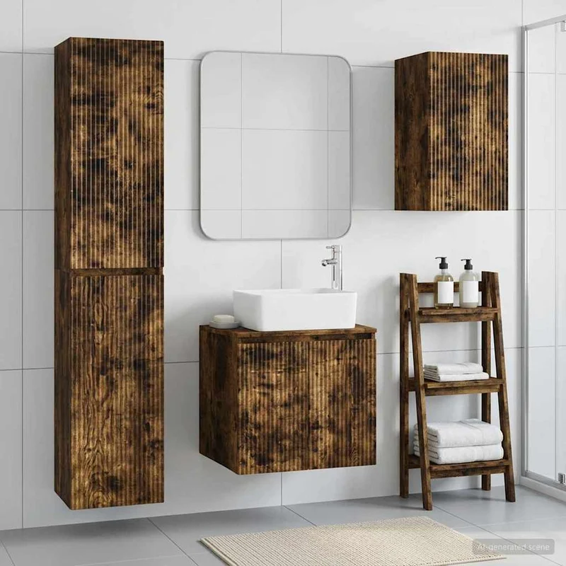 Badrumsmöbelset 3 st Rökt ek 33 x 34,5 x 160 cm Konstruerat trä