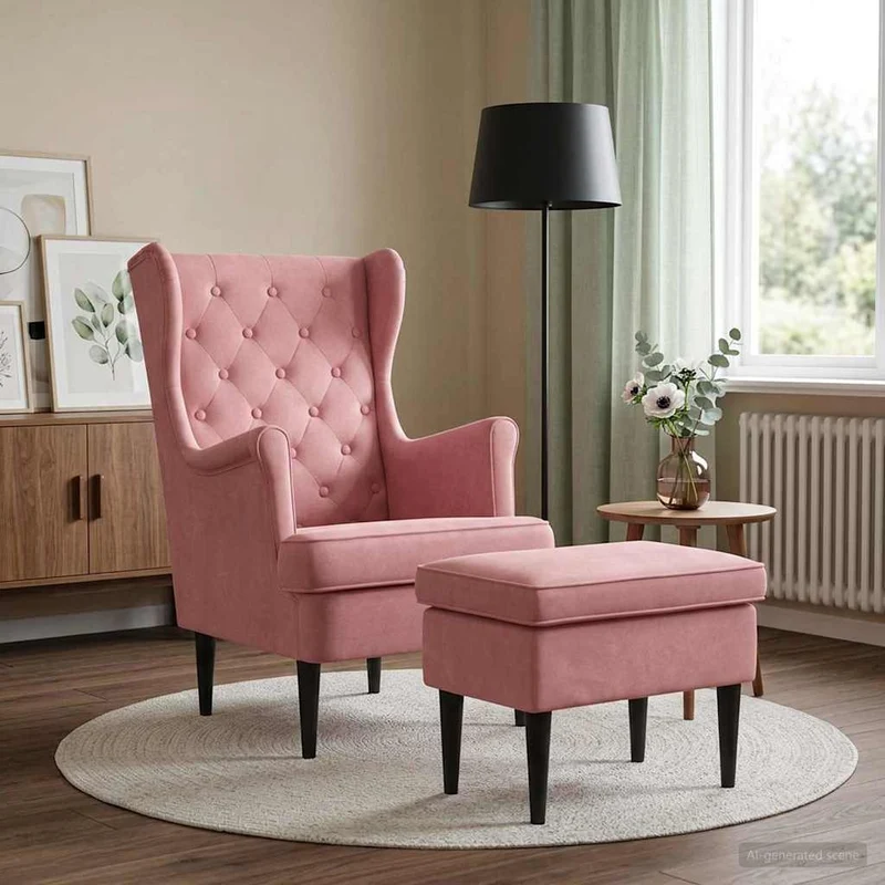 Fåtölj med fotpall 2 st Rosa Sammet