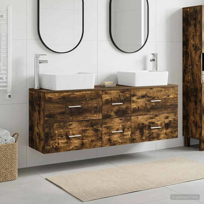 Badrumsskåpsset 3 st Rökt ek 136 x 35 x 80 cm Konstruerat trä