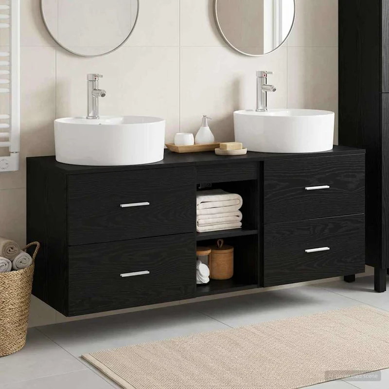 Badrumsskåpsset 3 st Svart 129 x 44.5 x 82 cm Konstruerat trä