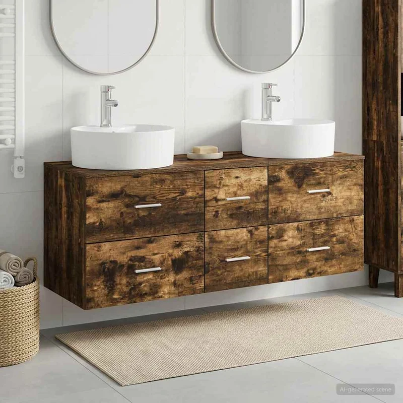 Badrumsmöbelset 3 st Rökt ek 129 x 44,5 x 80 cm Konstruerat trä