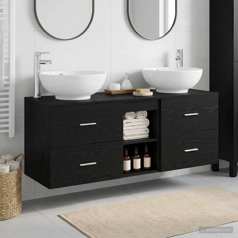 Badrumsmöbelset 3 st Svart 129 x 44,5 x 80 cm Konstruerat trä