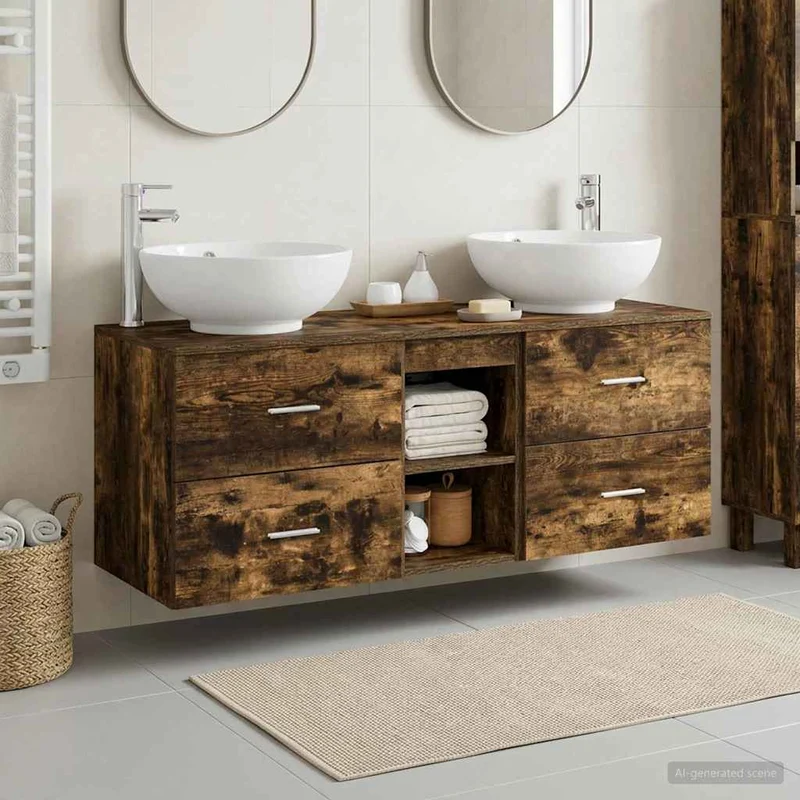 Badrumsmöbelset 3 st Rökt ek 129 x 44,5 x 80 cm Konstruerat trä