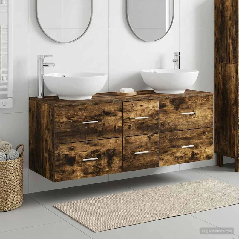Badrumsmöbelset 3 st Rökt ek 129 x 44,5 x 80 cm Konstruerat trä