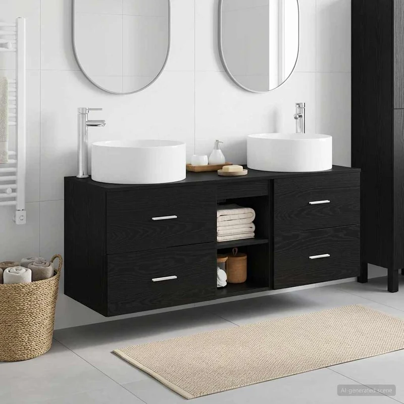 Badrumsmöbelset 3 st Svart 129 x 44,5 x 80 cm Konstruerat trä