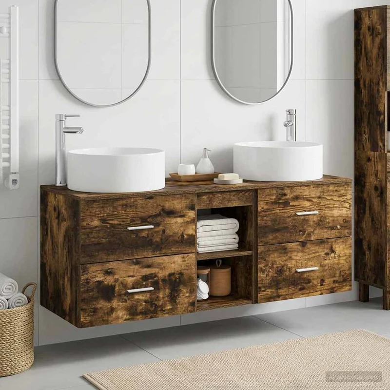 Badrumsmöbelset 3 st Rökt ek 129 x 44,5 x 80 cm Konstruerat trä