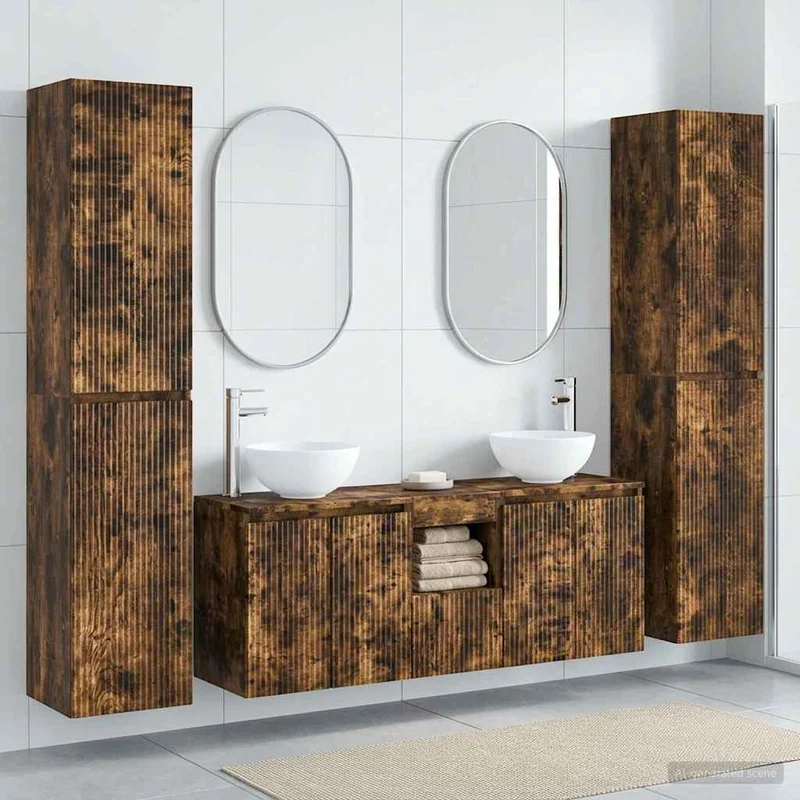 Badrumsmöbelset 5 st Rökt ek 33 x 34,5 x 160 cm Konstruerat trä