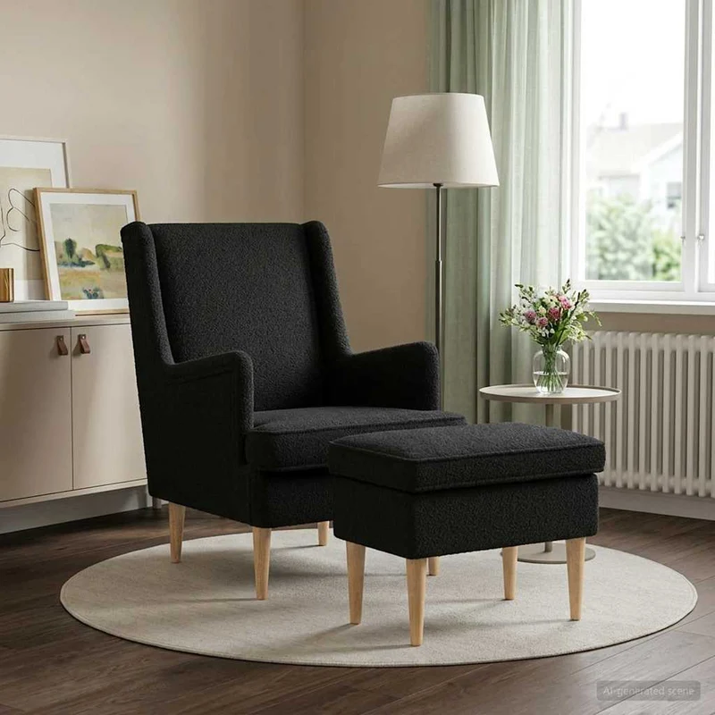 Fåtölj med fotpall 2 st Svart Bouclé