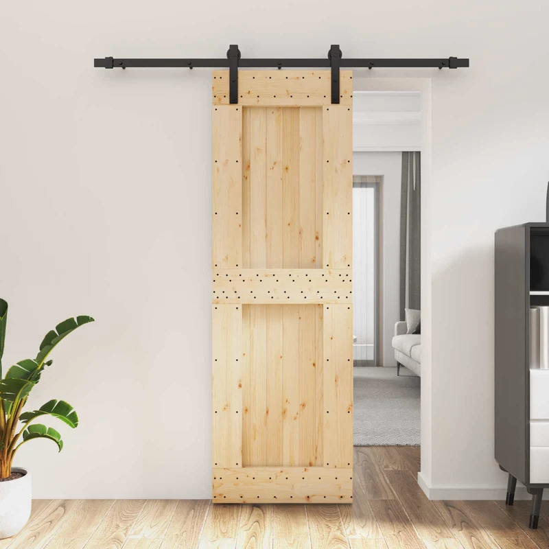 Skjutdörr Naturlig och svart 70 x 210 cm Massiv furuträdörr