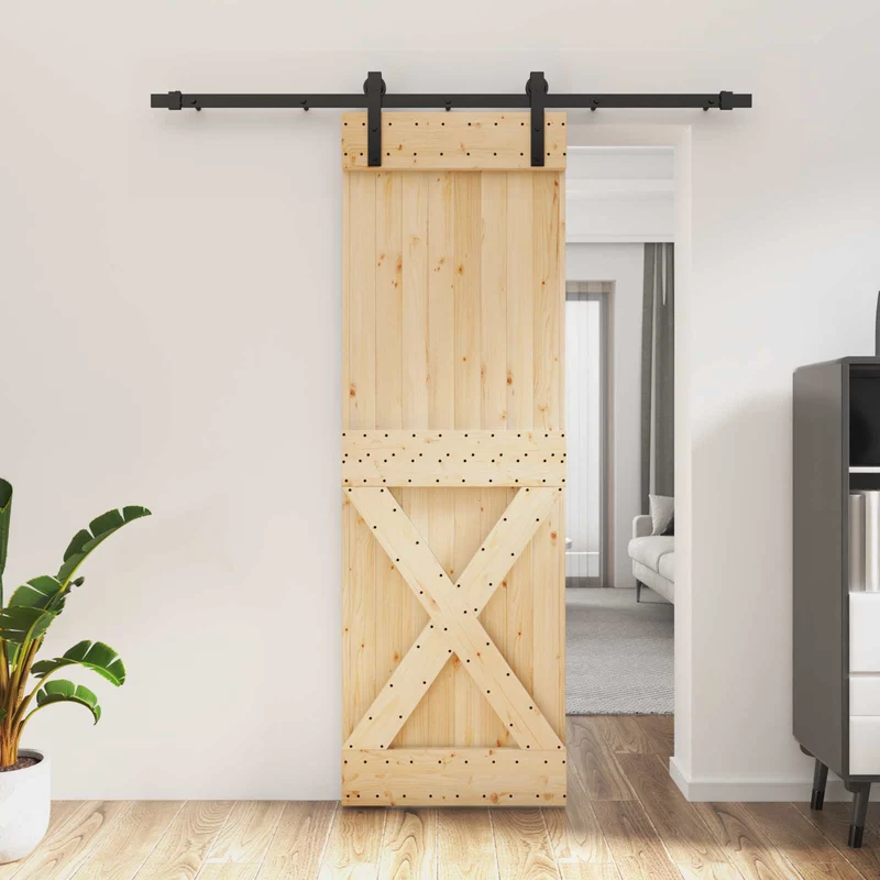 Skjutdörr Naturlig och svart 70 x 210 cm Massiv furuträdörr