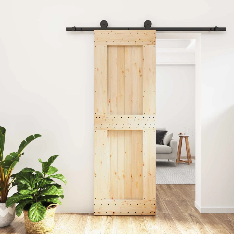 Skjutdörr Naturlig och svart 70 x 210 cm Massiv furuträdörr