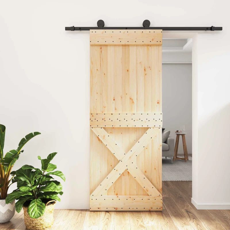 Skjutdörr Naturlig och svart 85 x 210 cm Massiv furuträdörr