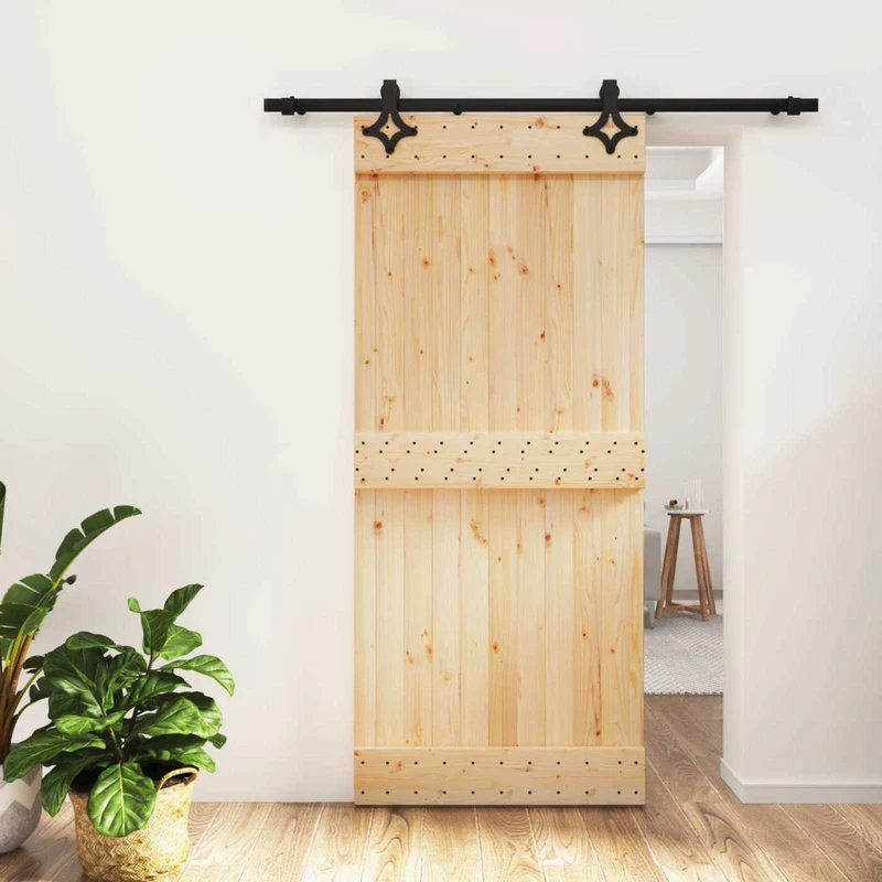Skjutdörr Naturlig och svart 90 x 210 cm Massiv furuträdörr