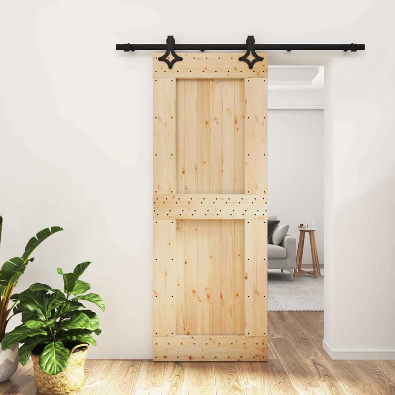 Skjutdörr Naturlig och svart 80 x 210 cm Massiv furuträdörr