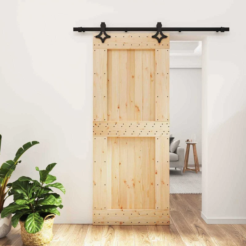 Skjutdörr Naturlig och svart 85 x 210 cm Massiv furuträdörr
