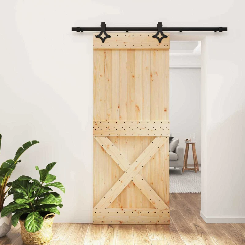 Skjutdörr Naturlig och svart 85 x 210 cm Massiv furuträdörr