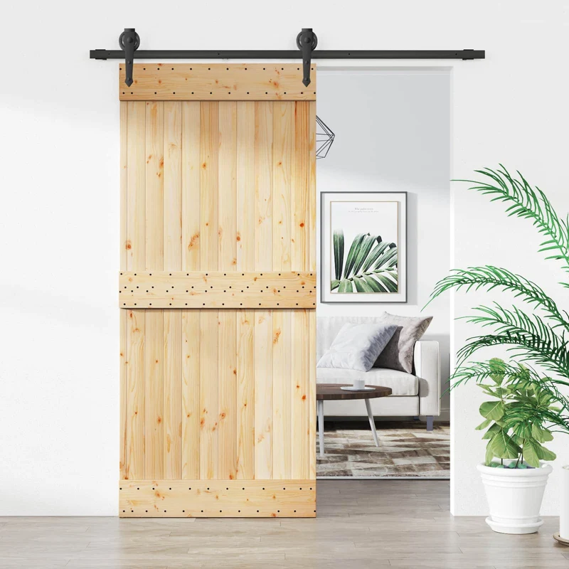 Skjutdörr Naturlig och svart 90 x 210 cm Massiv furuträdörr