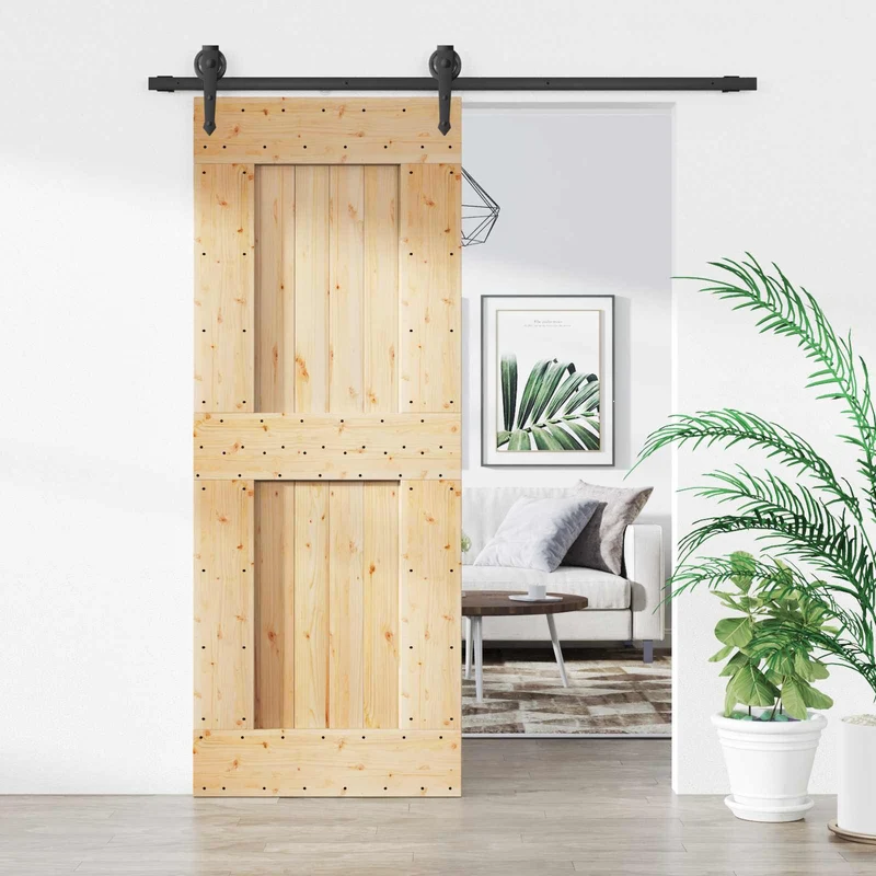 Skjutdörr Naturlig och svart 80 x 210 cm Massiv furuträdörr