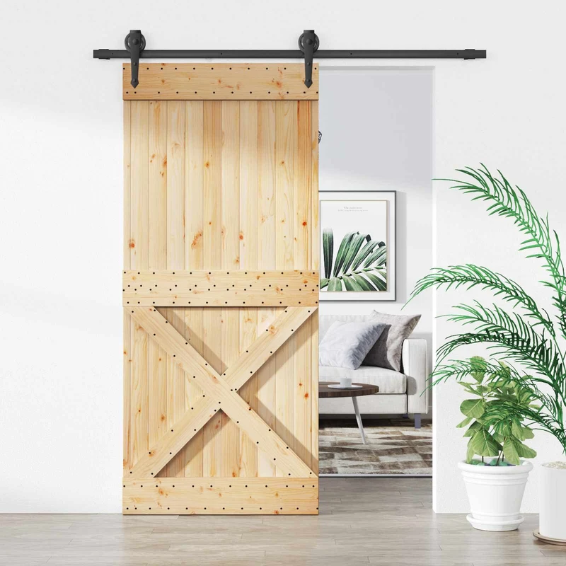 Skjutdörr Naturlig och svart 90 x 210 cm Massiv furuträdörr