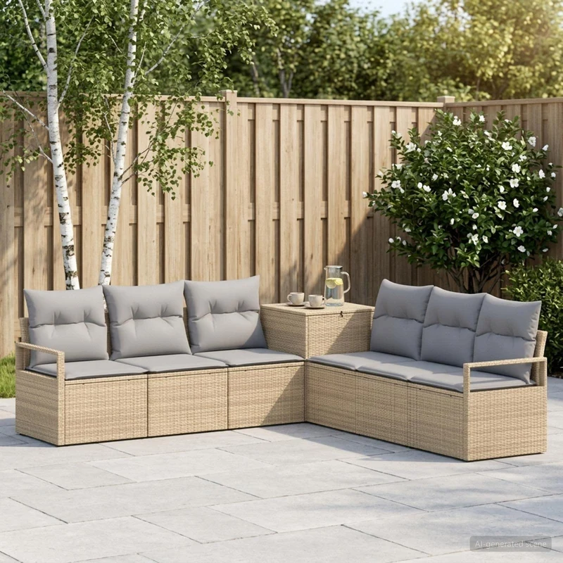 Soffset 7 st Beige och Ljusgrå Poly Rattan och stål