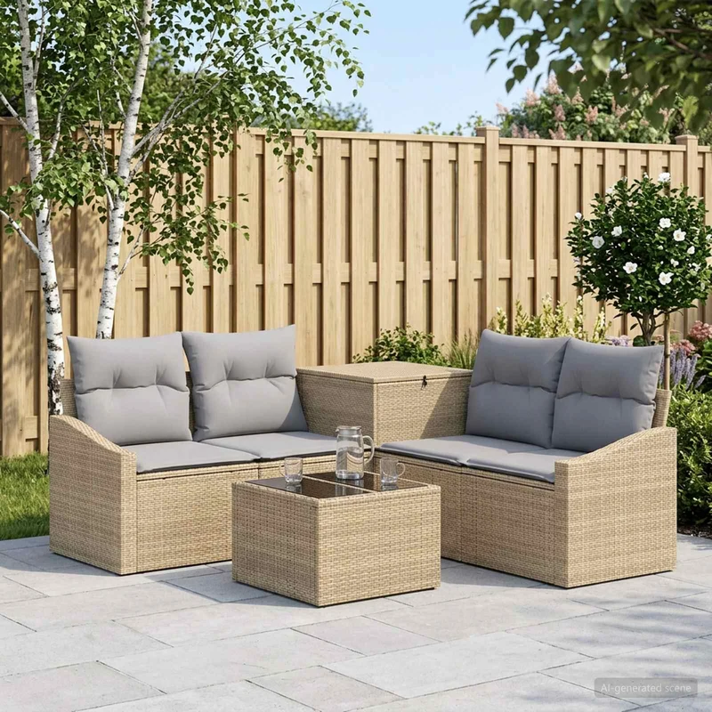 Soffset 6 st Beige och Ljusgrå Poly Rattan och stål
