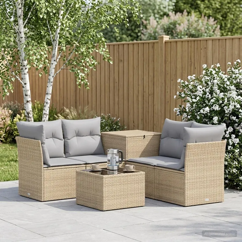 Soffset 6 st Beige och Ljusgrå Poly Rattan och stål