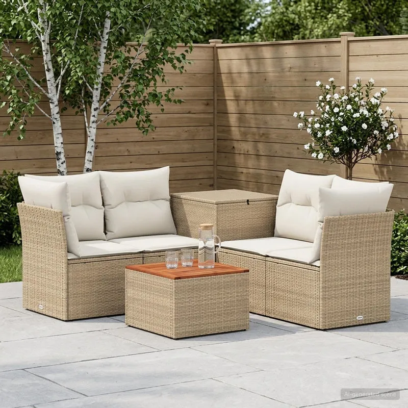 Soffset 6 st Beige och krämvit Poly Rattan och stål