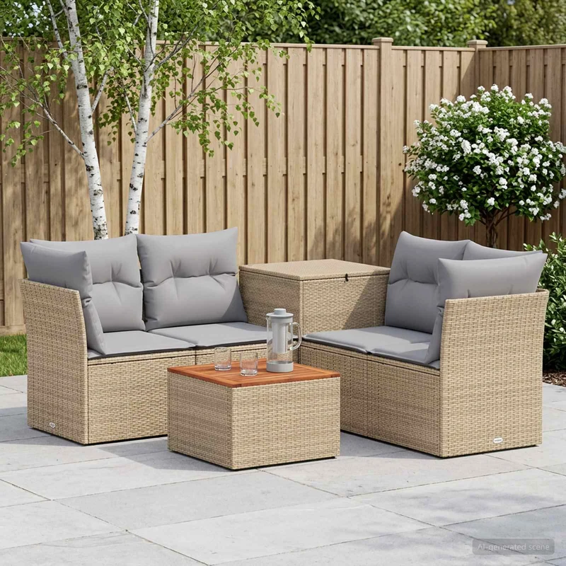Soffset 6 st Beige och Ljusgrå Poly Rattan och stål