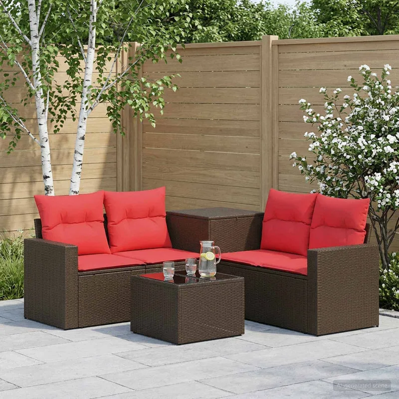 Soffset 6 st Brun och Röd Poly Rattan och stål