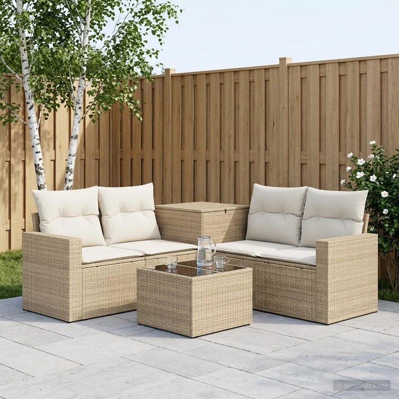 Soffset 6 st Beige och krämvit Poly Rattan och stål