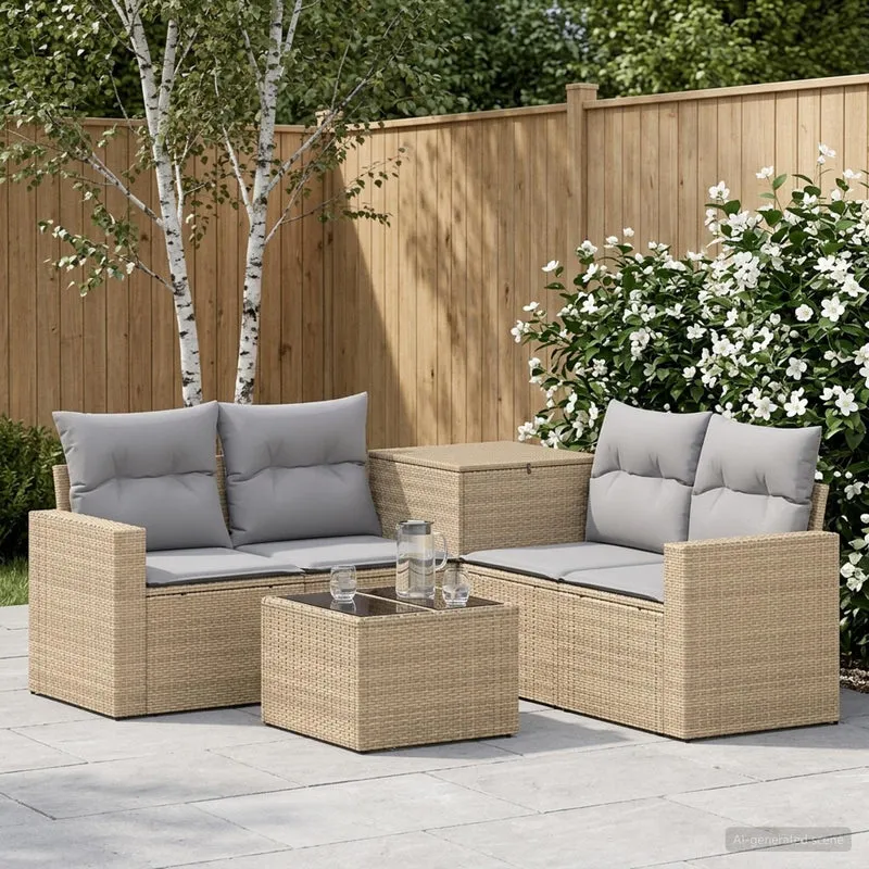 Soffset 6 st Beige och Ljusgrå Poly Rattan och stål