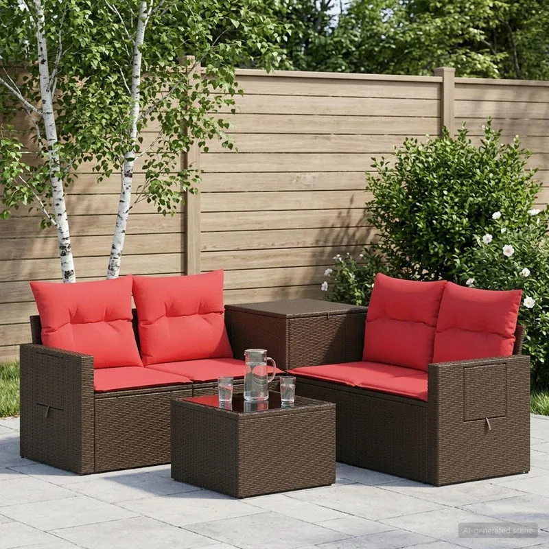 Soffset 6 st Brun och Röd Poly Rattan och stål