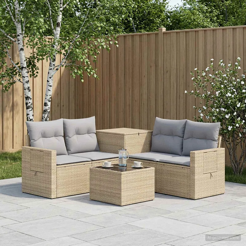 Soffset 6 st Beige och Ljusgrå Poly Rattan och stål