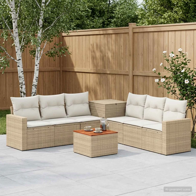 Soffset 8 st Beige och krämvit Poly Rattan och stål