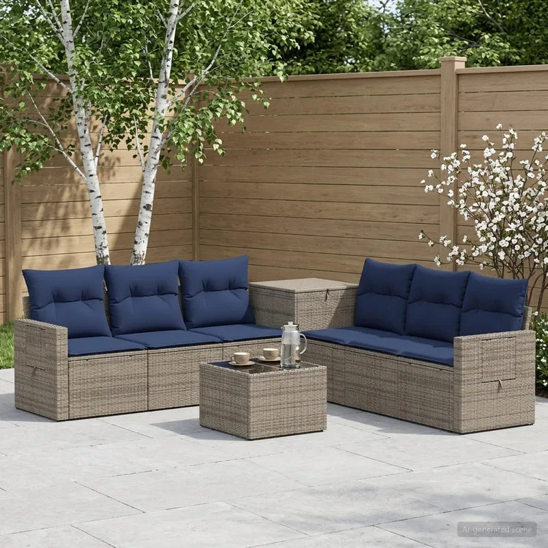 Soffset 8 st Grå och Marinblå Poly Rattan och stål