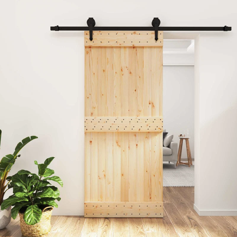 Skjutdörr Naturlig och svart 90 x 210 cm Massiv furuträdörr
