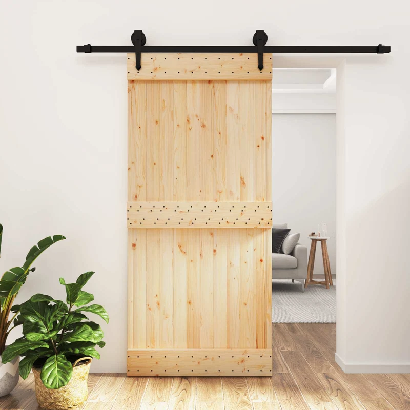 Skjutdörr Naturlig och svart 95 x 210 cm Massiv furuträdörr