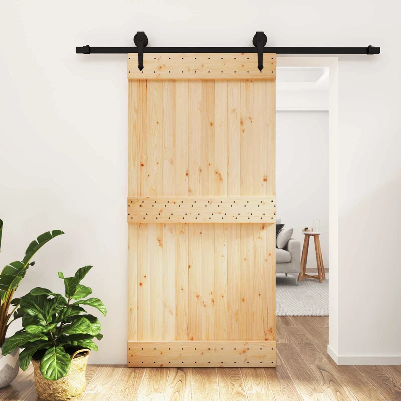 Skjutdörr Naturlig och svart 100 x 210 cm Massiv furuträdörr