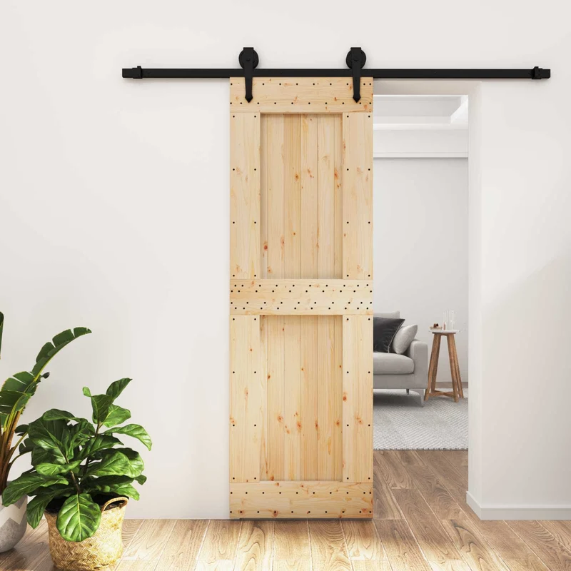 Skjutdörr Naturlig och svart 70 x 210 cm Massiv furuträdörr