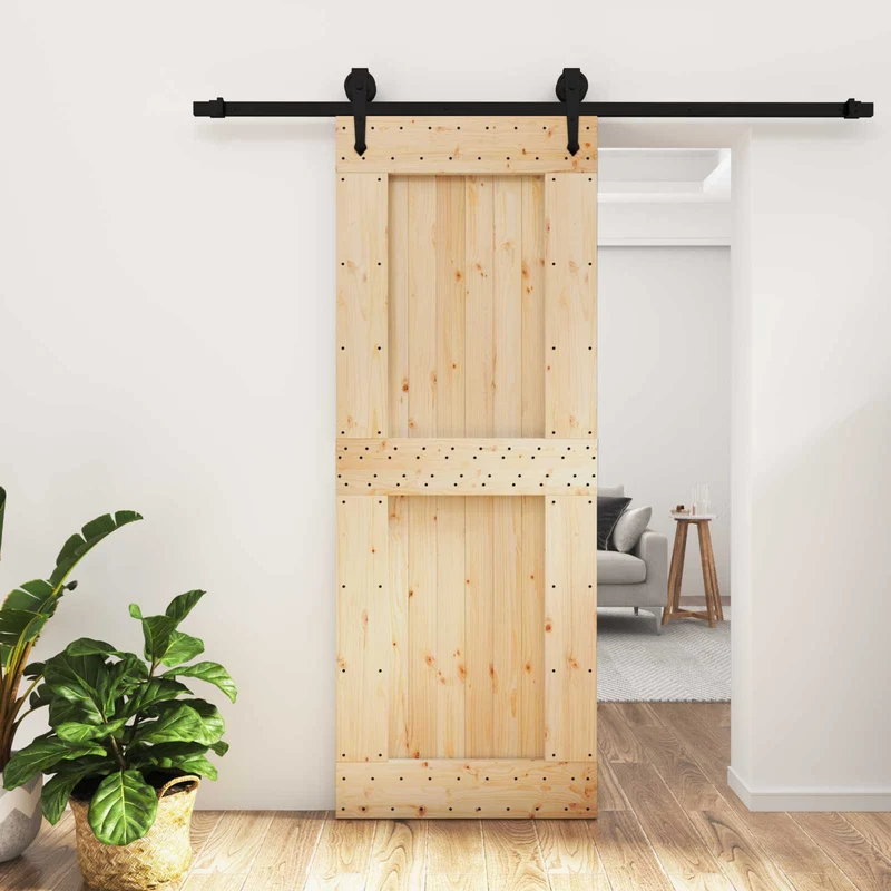 Skjutdörr Naturlig och svart 80 x 210 cm Massiv furuträdörr
