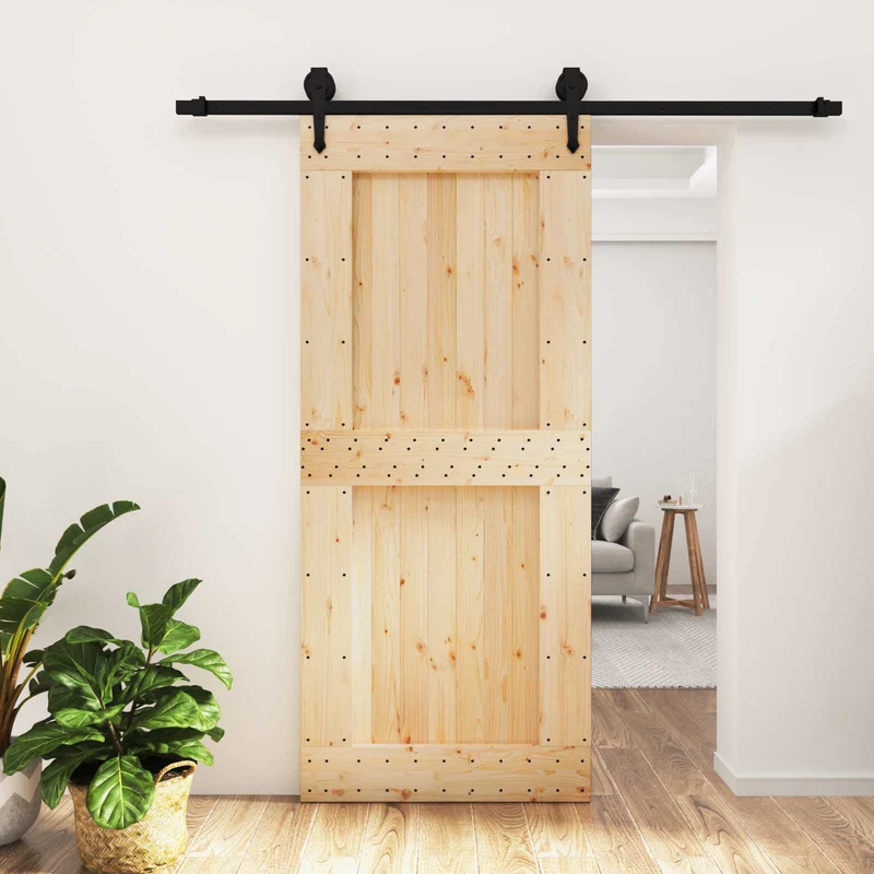 Skjutdörr Naturlig och svart 90 x 210 cm Massiv furuträdörr