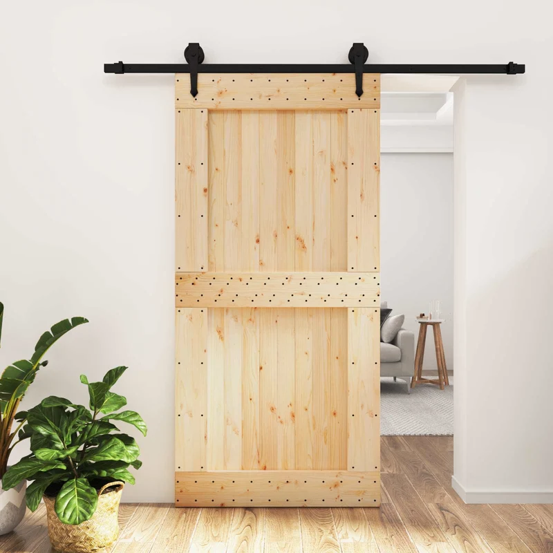Skjutdörr Naturlig och svart 100 x 210 cm Massiv furuträdörr