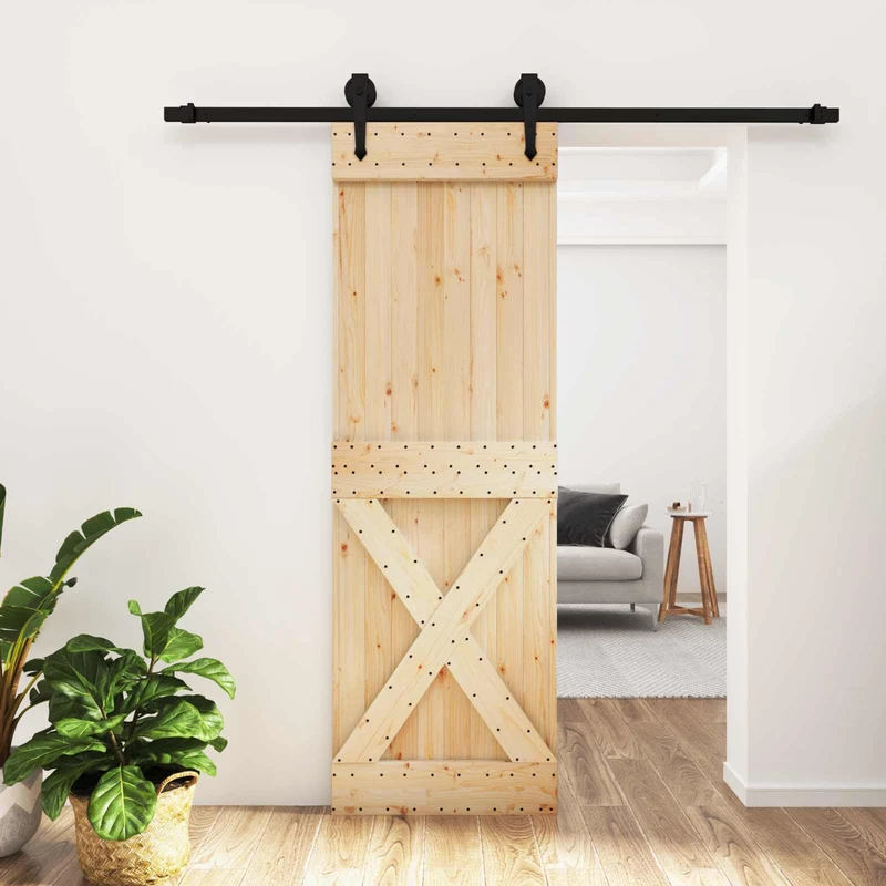 Skjutdörr Naturlig och svart 70 x 210 cm Massiv furuträdörr