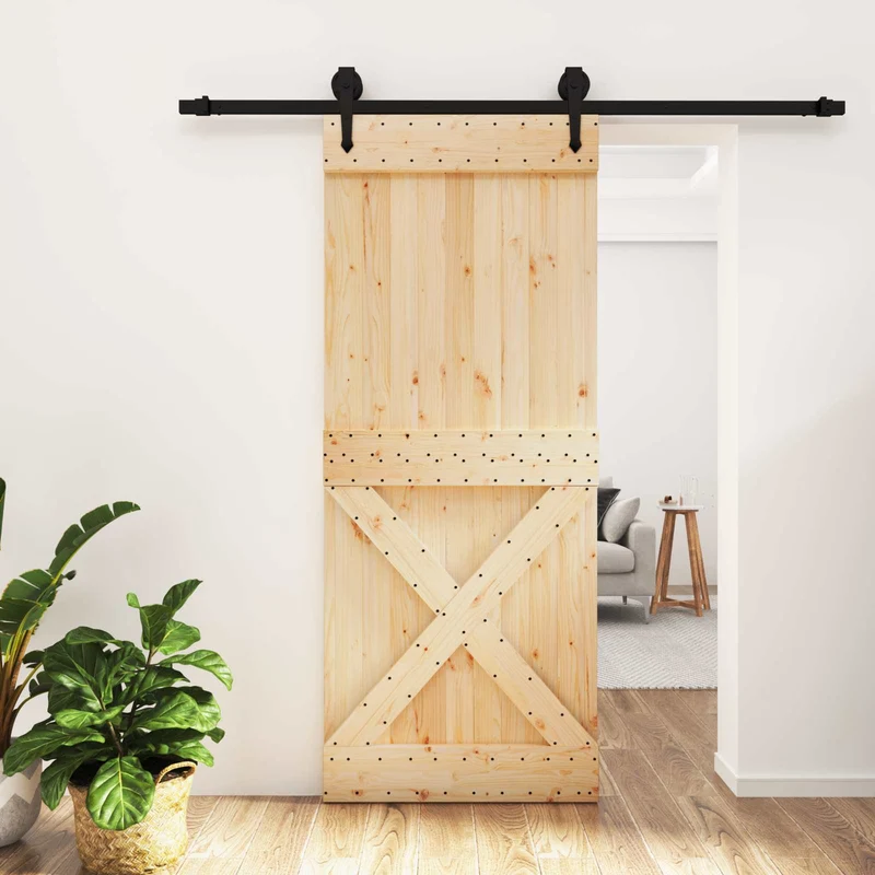 Skjutdörr Naturlig och svart 85 x 210 cm Massiv furuträdörr