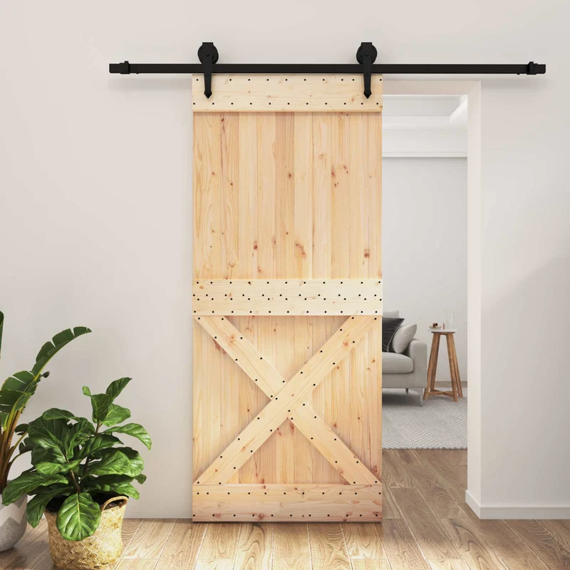 Skjutdörr Naturlig och svart 90 x 210 cm Massiv furuträdörr