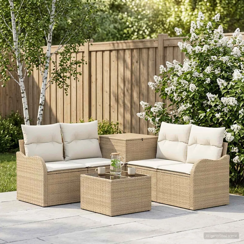 Soffset 6 st Beige och krämvit Poly Rattan och stål